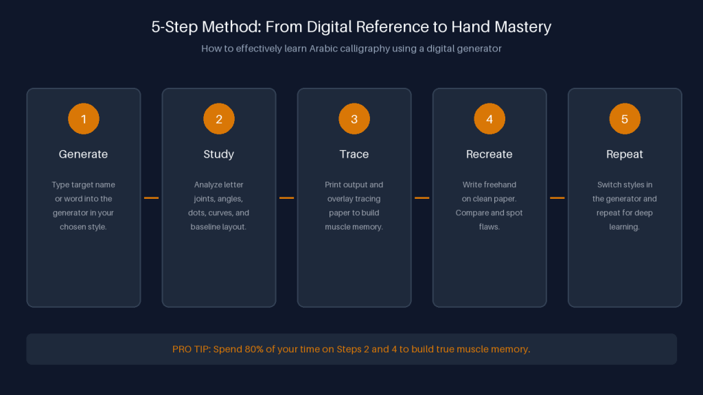 Infographic showing five steps to learn Arabic calligraphy