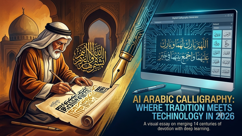 Traditional Arabic calligrapher beside an AI calligraphy generator