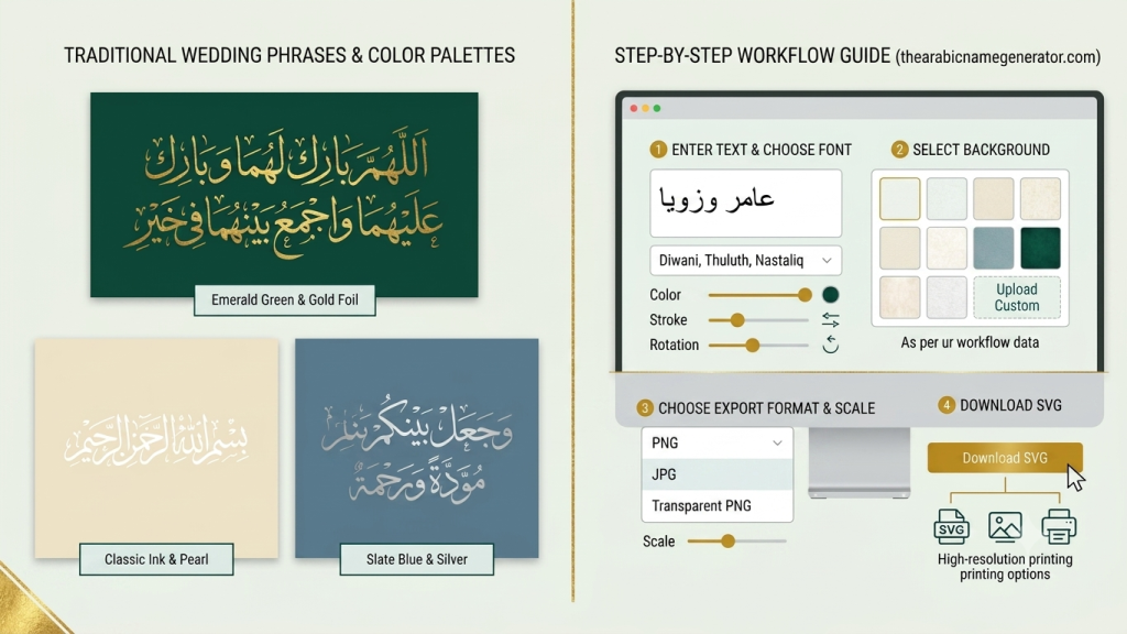 Arabic Calligraphy Wedding Invitations — Design Guide + Free Generator 2 Infographic showing the Arabic Name Generator workflow
