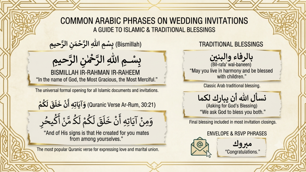 Arabic Calligraphy Wedding Invitations — Design Guide + Free Generator 3 Common Arabic wedding invitation phrases with English translations