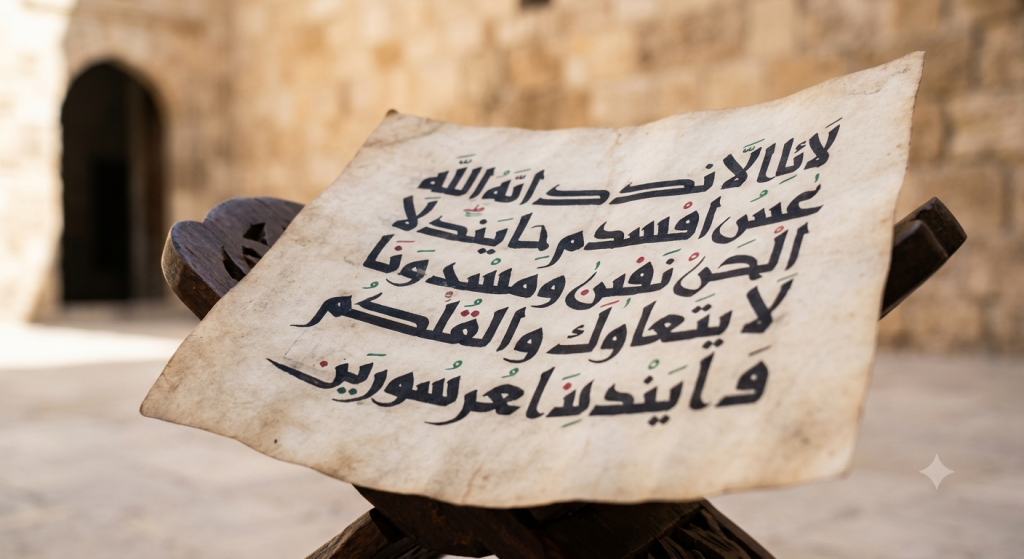 Kufic Arabic calligraphy on an ancient parchment