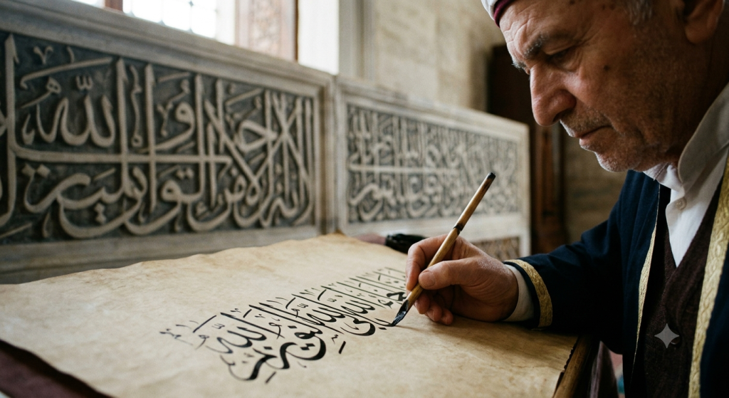 Thuluth vs Naskh Which Arabic Calligraphy Style Should You Use ? 2 Master calligrapher writing Thuluth Arabic script with a reed pen