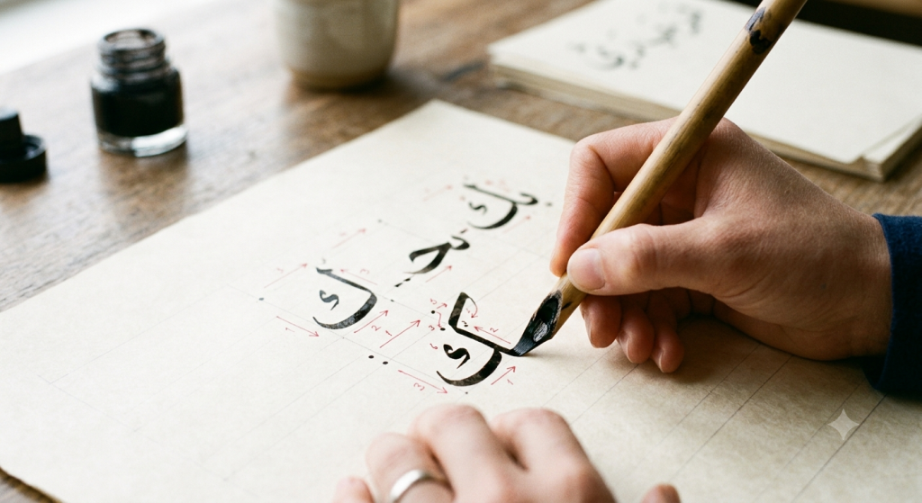 Easy arabic calligraphy for beginners —Learn Arabic Calligraphy Writing 3 Hand practicing Arabic calligraphy with a bamboo reed pen