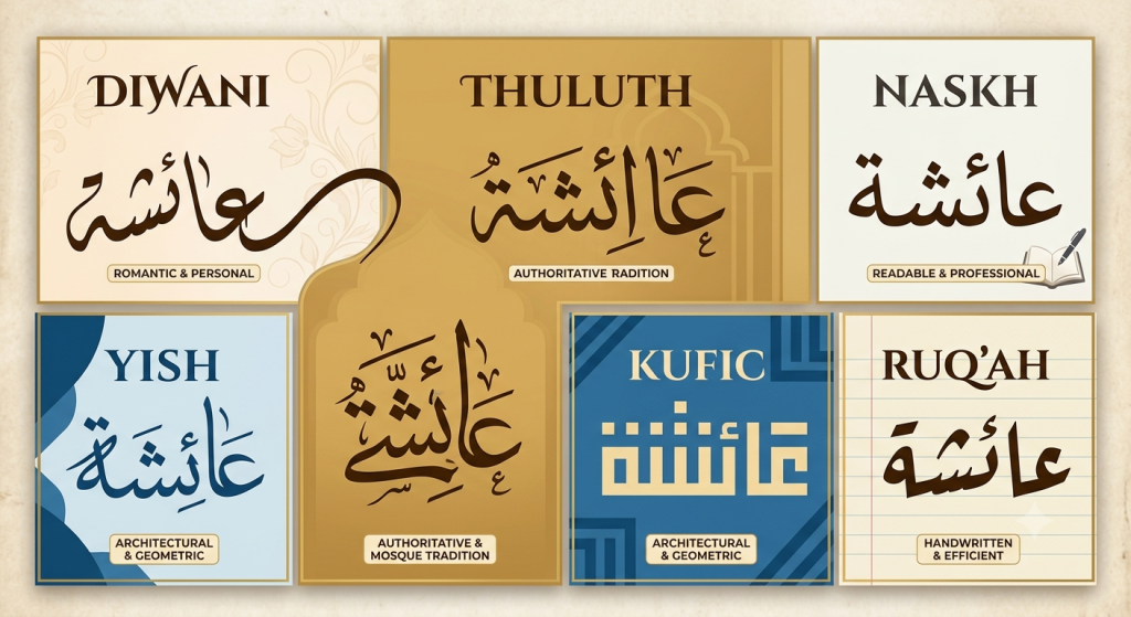 Arabic Name Generator — Write Your Name in Arabic Calligraphy Online 2 Comparison of Arabic calligraphy styles: Diwani, Thuluth, Naskh, Kufic, and Ruq'ah