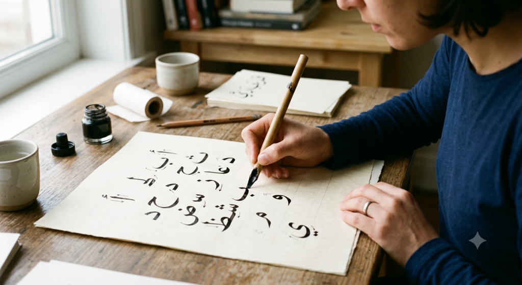 Easy arabic calligraphy for beginners —Learn Arabic Calligraphy Writing 2 Person practicing Arabic calligraphy with a bamboo reed pen