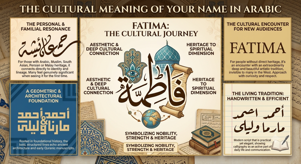 Arabic Name Generator — Write Your Name in Arabic Calligraphy Online 3 Infographic showing the cultural significance of Arabic name calligraphy