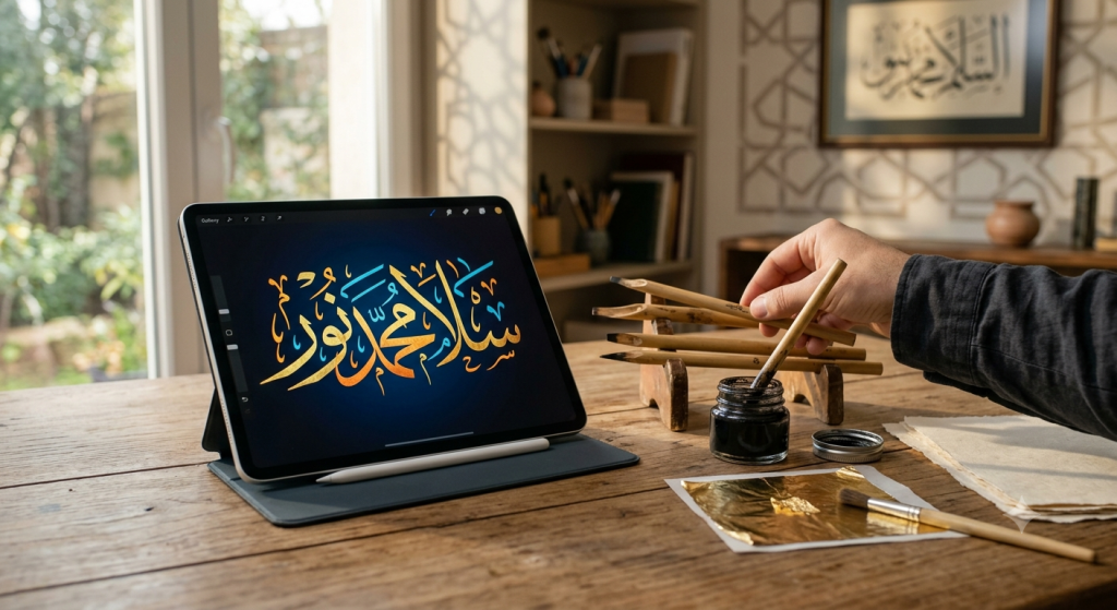 How to Write Your Name in Arabic Calligraphy Free Online Guide 2 Tablet with Arabic calligraphy beside qalam pens and ink