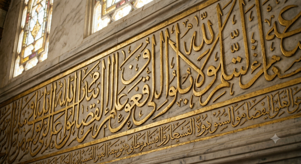 Thuluth vs Naskh Which Arabic Calligraphy Style Should You Use ? 3 Gilded Thuluth Arabic calligraphy carved into a marble wall