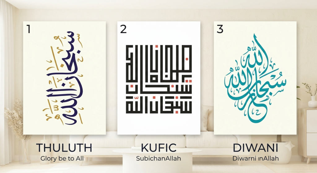 Arabic Calligraphy Wall Art — Ideas, Styles & How to Create Your Own 2 Three framed Arabic calligraphy wall art prints showing Thuluth, Kufic, and Diwani styles side by side.