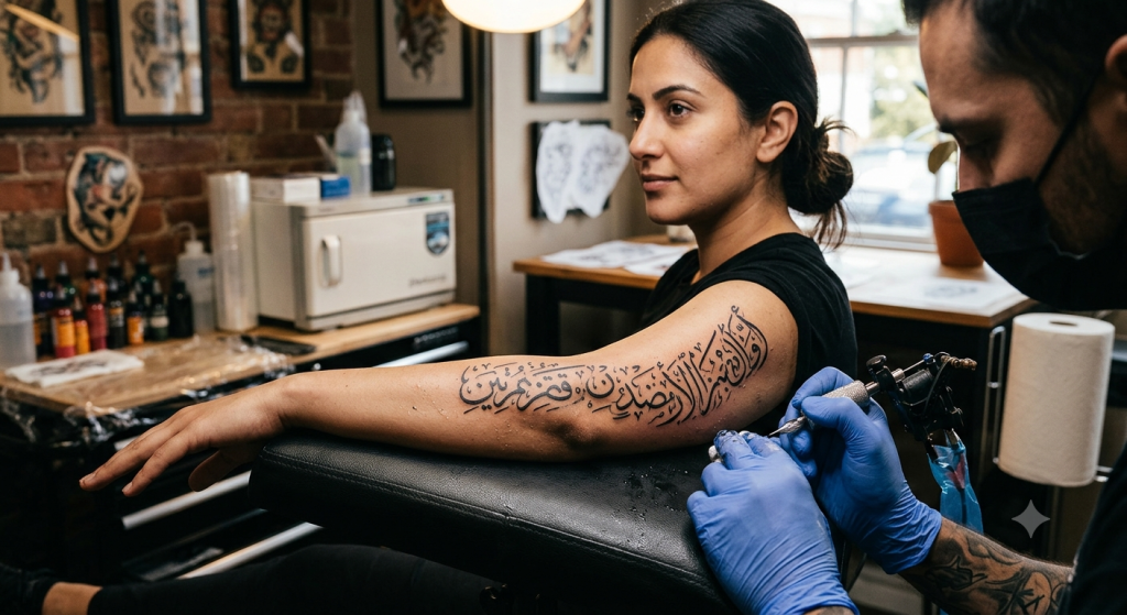 Arabic Calligraphy Tattoo — Meanings, Styles & What to Check Before You Ink 2 Tattoo artist applying detailed Arabic calligraphy script onto a woman's arm.