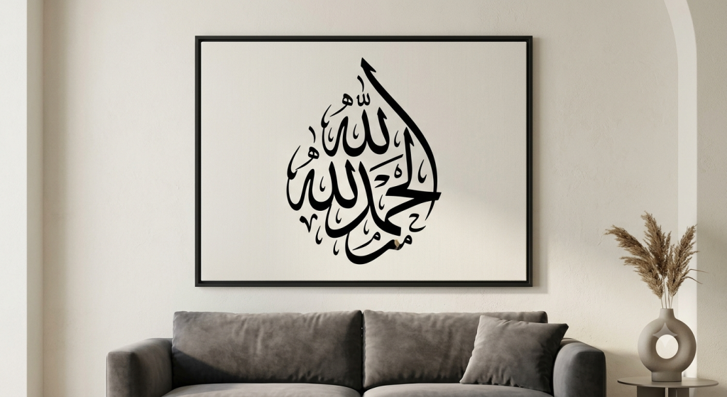 Arabic Calligraphy Wall Art — Ideas, Styles & How to Create Your Own 3 Black framed Arabic calligraphy wall art hanging above a sofa in a modern minimalist living room.