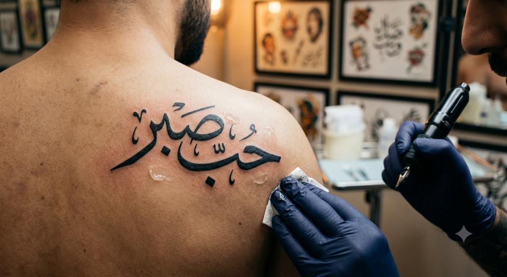 Arabic Calligraphy Tattoo — Meanings, Styles & What to Check Before You Ink 3 Freshly inked Arabic calligraphy tattoo on a man's upper back and shoulder blade.