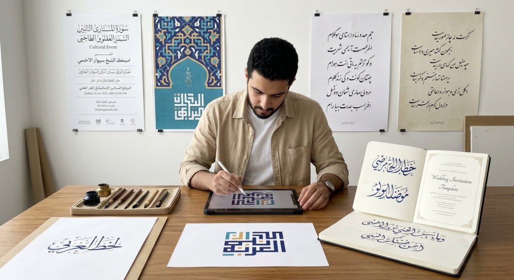 Top Arabic Font Generators & Styles Online Complete Guide 2026 3 A graphic designer sits at a large desk, digitally refining a geometric Kufic logo on a tablet, with diverse Arabic, Urdu, and Persian font styles displayed as art prints on the wall behind him.