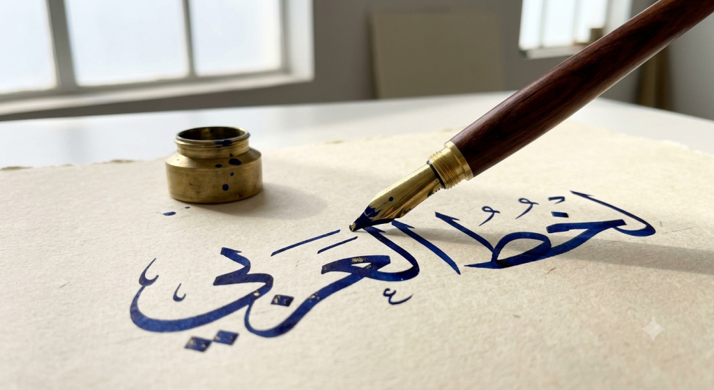 Top Arabic Font Generators & Styles Online Complete Guide 2026 2 A close-up view of a high-quality wood and brass calligraphy pen applying deep blue ink to textured paper, forming fluid Thuluth script.