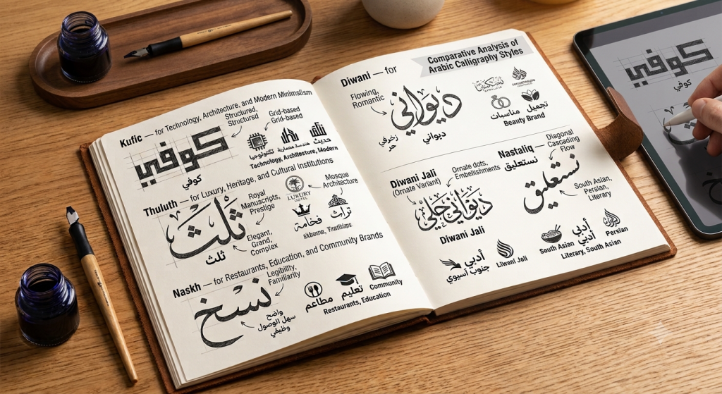 Guide comparing five Arabic calligraphy styles and their ideal industry uses.