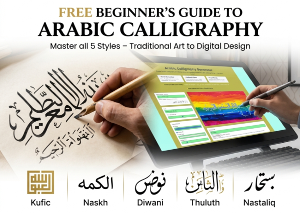 Infographic showing traditional and digital Arabic calligraphy with five script styles