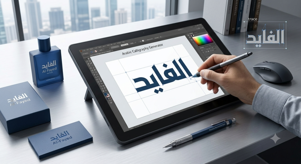 Professional Arabic Calligraphy Techniques 3 Designer creating a Kufic Arabic logo on a digital pen display