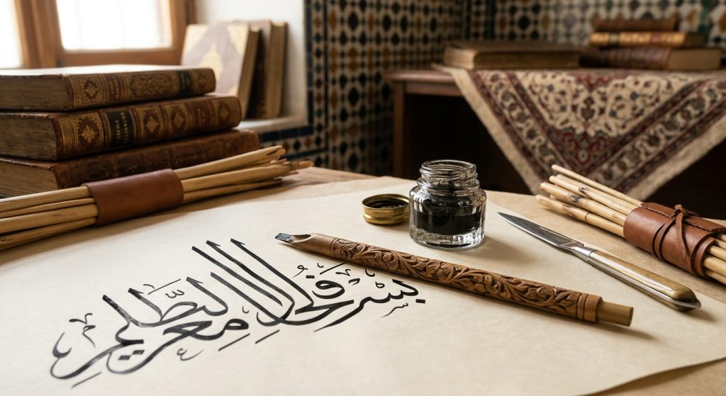 Beginner's Learning Path - Learn Arabic Calligraphy 2 Traditional Arabic calligraphy workspace with reed pen and inkwell