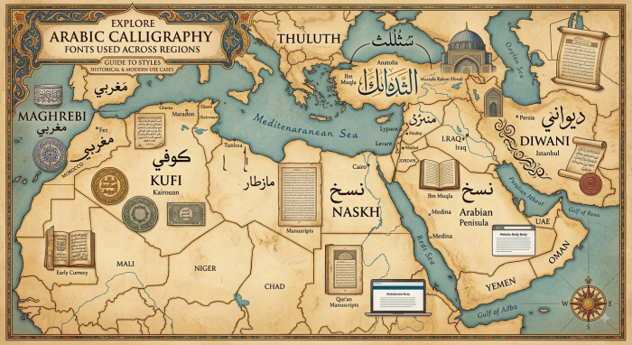 Explore arabic calligraphy fonts used across regions