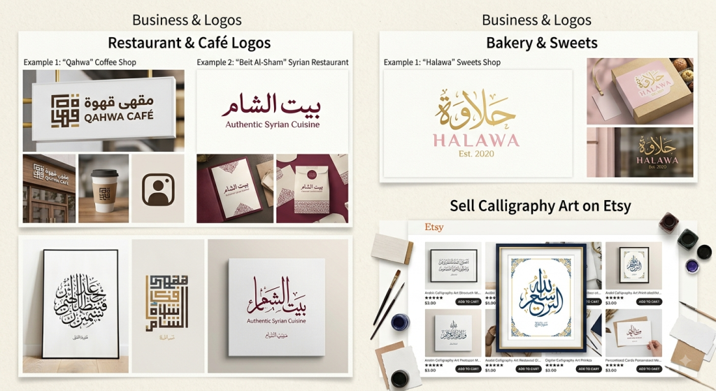 Gallery & Inspiration - Arabic Calligraphy Examples 3 A digital gallery collage showcasing professional Arabic calligraphy designs for business logos